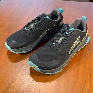Altra Lone Peak 9+ Black Athletic Trail Shoes with Teal and Yellow Accents